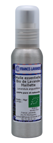 Photo d'un flacon d'huile essentielle de lavande Maillette Bio de France Lavande