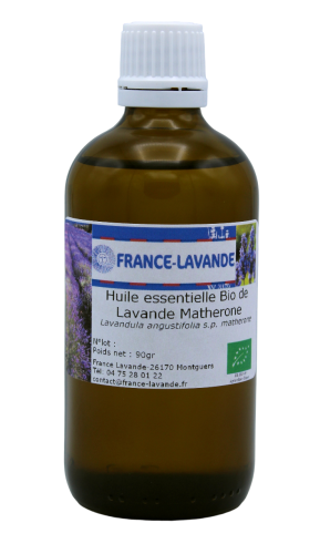 Photo d'un flacon d'huile essentielle de lavande Matheronne Bio de France Lavande